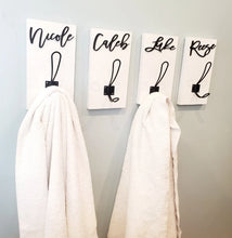 Load image into Gallery viewer, 3D Farm style Custom hooks, Wood Bathroom sign, Backpack Hooks, Kids Name Sign, Towel Holder, Towel Rack, Bathroom Hooks, Stocking Hook