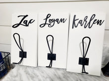 Load image into Gallery viewer, 3D Farm style Custom hooks, Wood Bathroom sign, Backpack Hooks, Kids Name Sign, Towel Holder, Towel Rack, Bathroom Hooks, Stocking Hook