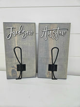 Load image into Gallery viewer, 3D Farm style Custom hooks, Wood Bathroom sign, Backpack Hooks, Kids Name Sign, Towel Holder, Towel Rack, Bathroom Hooks, Stocking Hook