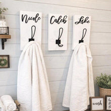 Load image into Gallery viewer, 3D Farm style Custom hooks, Wood Bathroom sign, Back Pack Hooks, Kids Name Sign, Towel Holder, Towel Rack, Bathroom Hooks, Stocking Hook