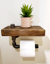 Load image into Gallery viewer, Industrial Toilet Paper Holder with Shelf - Steampunk Bathroom Fixture With Industrial Pipe Shelf - Rustic Farmhouse Decor - Toilet Roll
