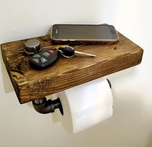 Load image into Gallery viewer, Industrial Toilet Paper Holder with Shelf - Steampunk Bathroom Fixture With Industrial Pipe Shelf - Rustic Farmhouse Decor - Toilet Roll