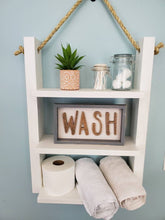 Load image into Gallery viewer, Rustic Ladder Shelf - Rope Hanging Ladder Shelf - Farmhouse Bathroom Shelf - Bathroom Organizer - Farmstyle Decor