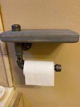 Load image into Gallery viewer, Industrial Toilet Paper Holder with Shelf - Steampunk Bathroom Fixture With Industrial Pipe Shelf - Rustic Farmhouse Decor - Toilet Roll
