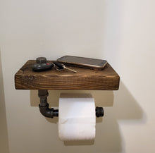 Load image into Gallery viewer, Industrial Toilet Paper Holder with Shelf - Steampunk Bathroom Fixture With Industrial Pipe Shelf - Rustic Farmhouse Decor - Toilet Roll