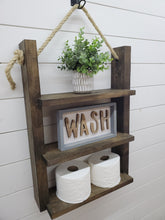 Load image into Gallery viewer, Rustic Ladder Shelf - Rope Hanging Ladder Shelf - Farmhouse Bathroom Shelf - Bathroom Organizer - Farmstyle Decor