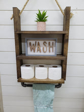 Load image into Gallery viewer, Rustic Ladder Shelf with Towel Holder - Rope Hanging Ladder Shelf - Farmhouse Bathroom Shelf - Bathroom Organizer - Farmstyle Decor