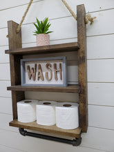 Load image into Gallery viewer, Rustic Ladder Shelf with Towel Holder - Rope Hanging Ladder Shelf - Farmhouse Bathroom Shelf - Bathroom Organizer - Farmstyle Decor