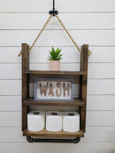 Load image into Gallery viewer, Rustic Ladder Shelf with Towel Holder - Rope Hanging Ladder Shelf - Farmhouse Bathroom Shelf - Bathroom Organizer - Farmstyle Decor