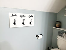 Load image into Gallery viewer, Farm Bathroom Decor for kids towels, Wood Bathroom sign, Back Pack Hooks, Kids Name Sign, Towel Holder, Towel Rack, Bathroom Hooks