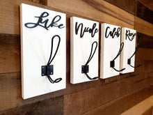 Load image into Gallery viewer, 3D Farm style Custom hooks, Wood Bathroom sign, Back Pack Hooks, Kids Name Sign, Towel Holder, Towel Rack, Bathroom Hooks, Stocking Hook