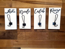 Load image into Gallery viewer, 3D Farm style Custom hooks, Wood Bathroom sign, Back Pack Hooks, Kids Name Sign, Towel Holder, Towel Rack, Bathroom Hooks, Stocking Hook