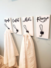 Load image into Gallery viewer, 3D Farm style Custom hooks, Wood Bathroom sign, Back Pack Hooks, Kids Name Sign, Towel Holder, Towel Rack, Bathroom Hooks, Stocking Hook