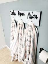 Load image into Gallery viewer, 3D Farm Bathroom Decor for kids towels, Wood Bathroom sign, Back Pack Hooks, Kids Name Sign, Towel Holder, Towel Rack, Bathroom Hooks