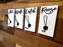 Load image into Gallery viewer, 3D Farm style Custom hooks, Wood Bathroom sign, Back Pack Hooks, Kids Name Sign, Towel Holder, Towel Rack, Bathroom Hooks, Stocking Hook