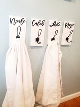 Load image into Gallery viewer, 3D Farm style Custom hooks, Wood Bathroom sign, Back Pack Hooks, Kids Name Sign, Towel Holder, Towel Rack, Bathroom Hooks, Stocking Hook