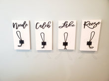 Load image into Gallery viewer, 3D Farm style Custom hooks, Wood Bathroom sign, Back Pack Hooks, Kids Name Sign, Towel Holder, Towel Rack, Bathroom Hooks, Stocking Hook
