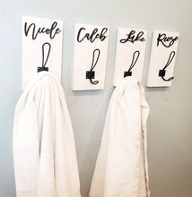 Load image into Gallery viewer, 3D Farm style Custom hooks, Wood Bathroom sign, Back Pack Hooks, Kids Name Sign, Towel Holder, Towel Rack, Bathroom Hooks, Stocking Hook