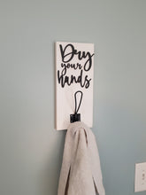 Load image into Gallery viewer, 3D Dry your Hands Hooks, Wood Bathroom sign, Coat Hooks, Wedding Decor, Towel Holder, Towel Rack, Bathroom Hooks, Towel Hook