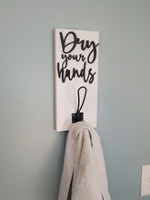 Load image into Gallery viewer, 3D Dry your Hands Hooks, Wood Bathroom sign, Coat Hooks, Wedding Decor, Towel Holder, Towel Rack, Bathroom Hooks, Towel Hook