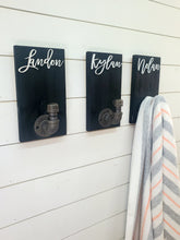 Load image into Gallery viewer, Personalized Bathroom Towel Hooks With Industrial Pipe, Back Pack Hooks, Kids Name Sign, Towel Hooks, Towel Rack, Bathroom Hooks
