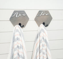 Load image into Gallery viewer, 3D Custom towel hooks, Wood Bathroom sign, Back Pack Hooks, Kids Name Sign, Towel Holder, Towel Rack, Bathroom Hooks, Hexagon shelf