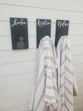 Load image into Gallery viewer, Personalized Bathroom Towel Hooks With Industrial Pipe, Back Pack Hooks, Kids Name Sign, Towel Hooks, Towel Rack, Bathroom Hooks