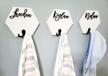 Load image into Gallery viewer, 3D Hexagon Personalized Towel Rack, Kids Towel Rack, Bathroom Wall Decor, Personalized Name Hooks for Towel, Towel Holder, Hexagon Shelf