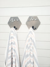 Load image into Gallery viewer, 3D Custom towel hooks, Wood Bathroom sign, Back Pack Hooks, Kids Name Sign, Towel Holder, Towel Rack, Bathroom Hooks, Hexagon shelf
