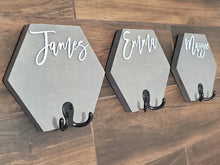 Load image into Gallery viewer, 3D Custom towel hooks, Wood Bathroom sign, Back Pack Hooks, Kids Name Sign, Towel Holder, Towel Rack, Bathroom Hooks, Hexagon shelf