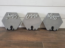 Load image into Gallery viewer, 3D Custom towel hooks, Wood Bathroom sign, Back Pack Hooks, Kids Name Sign, Towel Holder, Towel Rack, Bathroom Hooks, Hexagon shelf