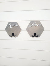 Load image into Gallery viewer, 3D Custom towel hooks, Wood Bathroom sign, Back Pack Hooks, Kids Name Sign, Towel Holder, Towel Rack, Bathroom Hooks, Hexagon shelf
