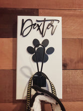 Load image into Gallery viewer, Pet name sign with leash hook, Dog sign, pet gift, Personalized pet gift, pet decor, wood dog sign, pet hook for wall
