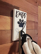 Load image into Gallery viewer, Pet name sign with leash hook, Dog sign, pet gift, Personalized pet gift, pet decor, wood dog sign, pet hook for wall
