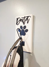 Load image into Gallery viewer, Pet name sign with leash hook, Dog sign, pet gift, Personalized pet gift, pet decor, wood dog sign, pet hook for wall