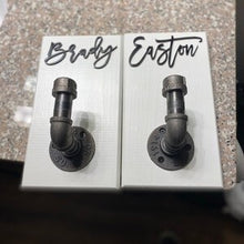 Load image into Gallery viewer, Personalized Bathroom Towel Hooks With Industrial Pipe, Back Pack Hooks, Kids Name Sign, Towel Hooks, Towel Rack, Bathroom Hooks