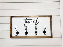 Load image into Gallery viewer, 3D Towel hooks, Wood Bathroom sign, farmhouse bathroom decor, Kids Name Sign, Towel Holder, Towel Rack, Bathroom Hooks, Pool storage