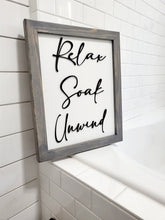 Load image into Gallery viewer, 3D Relax Soak Unwind sign, Wood Bathroom sign, farmhouse bathroom decor, Bathroom wall hangings, Beach Decor, Coastal Bathroom decor