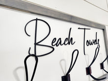 Load image into Gallery viewer, 3D Beach towel sign with hooks, Wood Bathroom sign, farmhouse bathroom decor, Towel Holder, Towel Rack, Bathroom Hooks, Pool storage