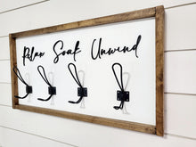 Load image into Gallery viewer, 3D Relax Soak Unwind sign with hooks, Wood Bathroom sign, farmhouse bathroom decor, Towel Holder, Towel Rack, Bathroom Hooks, Pool storage