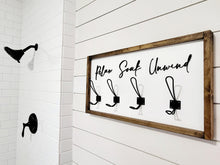 Load image into Gallery viewer, 3D Relax Soak Unwind sign with hooks, Wood Bathroom sign, farmhouse bathroom decor, Towel Holder, Towel Rack, Bathroom Hooks, Pool storage