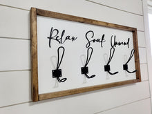 Load image into Gallery viewer, 3D Relax Soak Unwind sign with hooks, Wood Bathroom sign, farmhouse bathroom decor, Towel Holder, Towel Rack, Bathroom Hooks, Pool storage