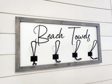 Load image into Gallery viewer, 3D Beach towel sign with hooks, Wood Bathroom sign, farmhouse bathroom decor, Towel Holder, Towel Rack, Bathroom Hooks, Pool storage