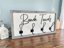 Load image into Gallery viewer, 3D Beach towel sign with hooks, Wood Bathroom sign, farmhouse bathroom decor, Towel Holder, Towel Rack, Bathroom Hooks, Pool storage
