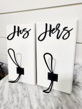Load image into Gallery viewer, 3D Set of His and Hers Hooks, Wood Bathroom sign, Coat Hooks, Wedding Decor, Towel Holder, Towel Rack, Bathroom Hooks, Custom towel hooks