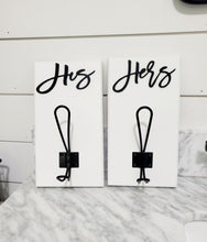 Load image into Gallery viewer, 3D Set of His and Hers Hooks, Wood Bathroom sign, Coat Hooks, Wedding Decor, Towel Holder, Towel Rack, Bathroom Hooks, Custom towel hooks