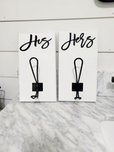 Load image into Gallery viewer, 3D Set of His and Hers Hooks, Wood Bathroom sign, Coat Hooks, Wedding Decor, Towel Holder, Towel Rack, Bathroom Hooks, Custom towel hooks