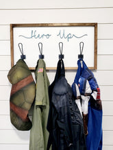 Load image into Gallery viewer, 3D Hero up dress clothes sign | Super Hero Decor | Kids Costume Rack | Hero Up Sign | Playroom Decor | Toddler Room Decor | Boys Room Decor