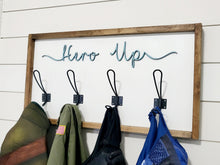 Load image into Gallery viewer, 3D Hero up dress clothes sign | Super Hero Decor | Kids Costume Rack | Hero Up Sign | Playroom Decor | Toddler Room Decor | Boys Room Decor