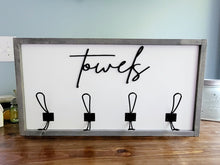 Load image into Gallery viewer, 3D Towel hooks, Wood Bathroom sign, farmhouse bathroom decor, Kids Name Sign, Towel Holder, Towel Rack, Bathroom Hooks, Pool storage